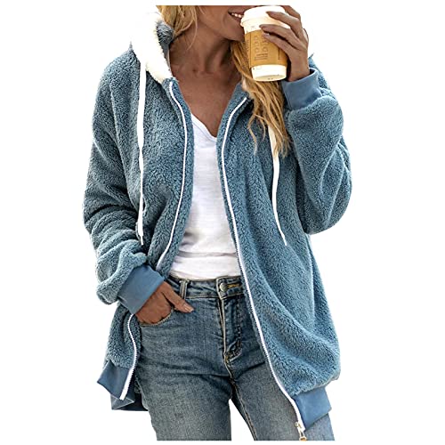 SHINEHUA Damen Teddy Fleecejacke mit Kapuze Warme Flauschjacke Kapuzenjacke Winter Warm Mantel Casual Zip Hoodie Plüschjacke Comfy Softjacket Bequeme stilvolle Winterjacke (4XL, A-Blau) von SHINEHUA