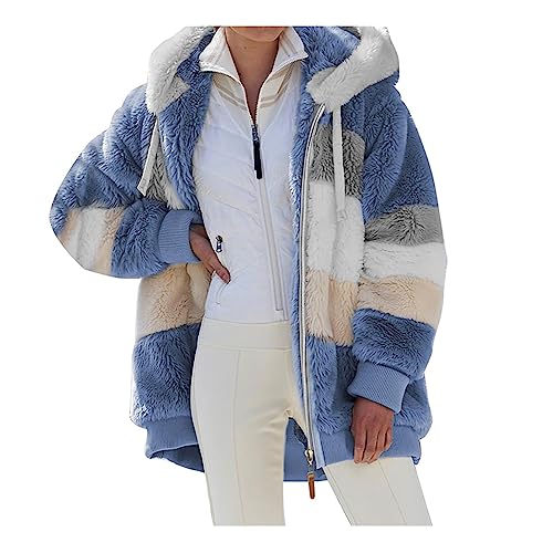 SHINEHUA Damen Teddy Fleecejacke mit Kapuze Warme Flauschjacke Kapuzenjacke Winter Warm Mantel Casual Zip Hoodie Plüschjacke Comfy Softjacket Bequeme stilvolle Winterjacke (Blau, M) von SHINEHUA