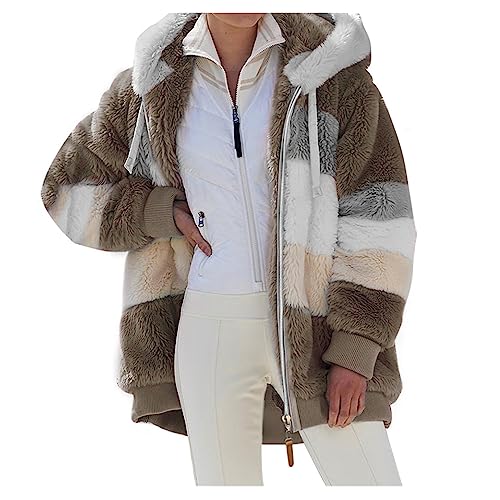 SHINEHUA Damen Teddy Fleecejacke mit Kapuze Warme Flauschjacke Kapuzenjacke Winter Warm Mantel Casual Zip Hoodie Plüschjacke Comfy Softjacket Bequeme stilvolle Winterjacke (Braun, 5XL) von SHINEHUA