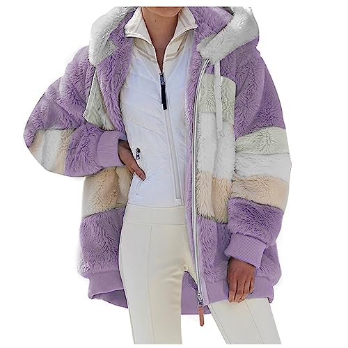 SHINEHUA Damen Teddy Fleecejacke mit Kapuze Warme Flauschjacke Kapuzenjacke Winter Warm Mantel Casual Zip Hoodie Plüschjacke Comfy Softjacket Bequeme stilvolle Winterjacke (Lila, 3XL) von SHINEHUA