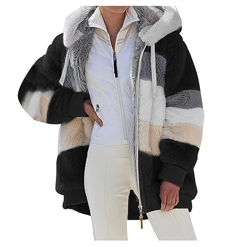 SHINEHUA Damen Teddy Fleecejacke mit Kapuze Warme Flauschjacke Kapuzenjacke Winter Warm Mantel Casual Zip Hoodie Plüschjacke Comfy Softjacket Bequeme stilvolle Winterjacke (Schwarz, 4XL) von SHINEHUA