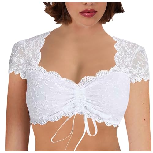 SHINEHUA Dirndlbluse Damen Dirndl Bluse Spitze Trachtenbluse Trachtenmode Elegante Bluse Kurzarm Transparent Spitzendirndlbluse für Oktoberfest Dirndlbluse Spitze Dirndl Bluse Trachten (11-White, XL) von SHINEHUA