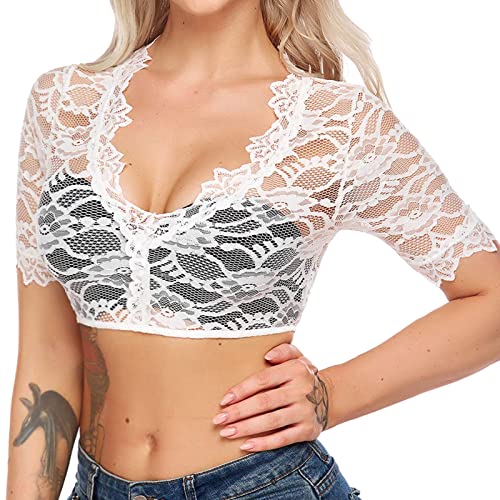 SHINEHUA Dirndlbluse Damen Dirndl Bluse Spitze Trachtenbluse Trachtenmode Elegante Bluse Kurzarm Transparent Spitzendirndlbluse für Oktoberfest Dirndlbluse Spitze Dirndl Bluse Trachten (White-i, S) von SHINEHUA