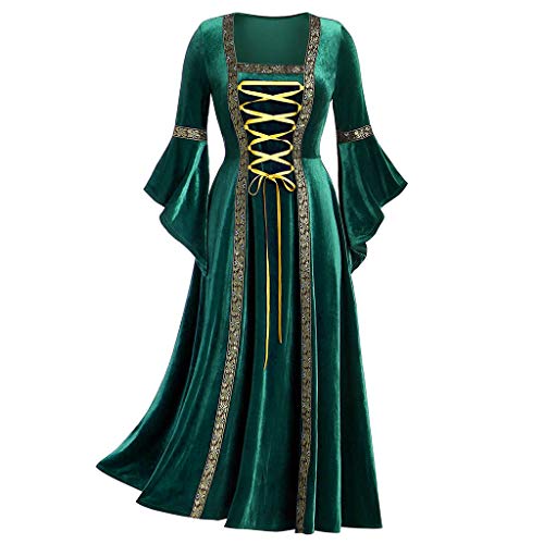 SHINEHUA Mittelalterliches Kostüm Damen Langarm Renaissance Mittelalter Samt Maxikleid Viktorianischen Königin Kleider Vintage Bandage Medieval Trompetenärmel Party Prinzessin Kleider (M, Grün) von SHINEHUA