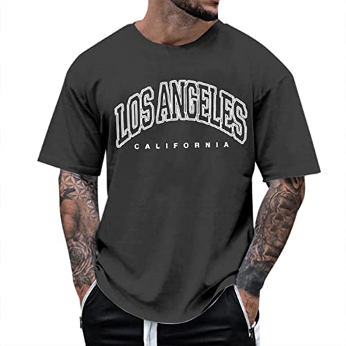 SHINEHUA Oversized Tshirt Herren Rundhals Kurzarm Lose Sommer Oberteile Mode T-Shirt mit Los Angele Grafik Kreativen Buchstaben Vintage Drucken Streetwear Casual Sport Lang Tops (Dark Gray #1, L) von SHINEHUA