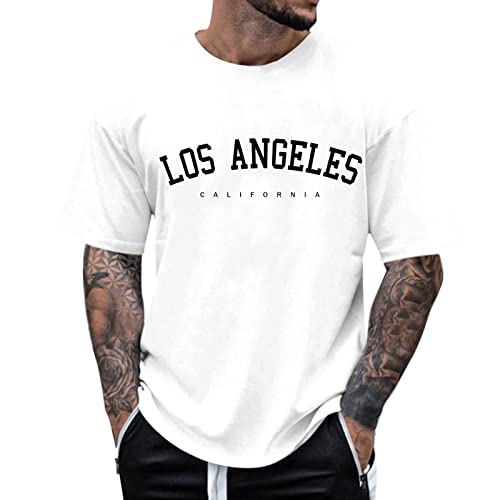 SHINEHUA Oversized Tshirt Herren Rundhals Kurzarm Lose Sommer Oberteile Mode T-Shirt mit Los Angele Grafik Kreativen Buchstaben Vintage Drucken Streetwear Casual Sport Lang Tops (White #5, M) von SHINEHUA