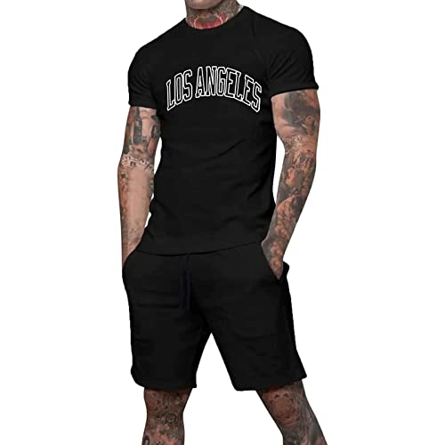 SHINEHUA Trainingsanzug für Herren Sommer Sportanzug 2 Teiliges Bedruckter Outfit Set Los Angele Druck Kurzarm T-Shirts mit Rundhalsausschnitt Kurze Hose Freizeitanzug für Männer (Black-5, XL) von SHINEHUA