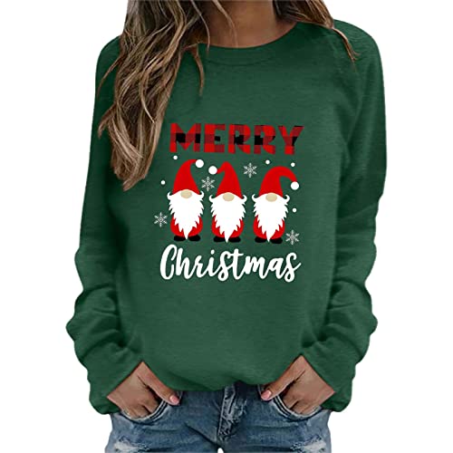 SHINEHUA Weihnachtspullover Damen Sweatshirt Rundhals Langarm Weihnachten Pullover Casual Christmas Sweat Oberteile Merry Christmas Sweatshirt Weihnachtspulli Teenager Mädchen Pulli Tops (C-grün, L) von SHINEHUA