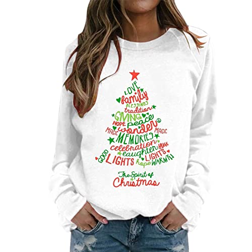 SHINEHUA Weihnachtspullover Damen Sweatshirt Rundhals Langarm Weihnachten Pullover Casual Christmas Sweat Oberteile Merry Christmas Sweatshirt Weihnachtspulli Teenager Mädchen Pulli Tops (b-White, M) von SHINEHUA
