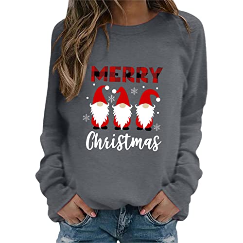 SHINEHUA Weihnachtspullover Damen Sweatshirt Rundhals Langarm Weihnachten Pullover Casual Christmas Sweat Oberteile Merry Christmas Sweatshirt Weihnachtspulli Teenager Mädchen Pulli Tops (c-Grey, XL) von SHINEHUA