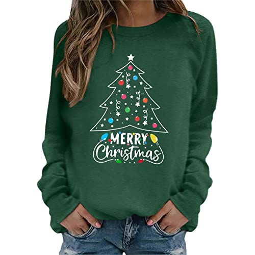 SHINEHUA Weihnachtspullover Damen Sweatshirt Rundhals Langarm Weihnachten Pullover Casual Christmas Sweat Oberteile Merry Christmas Sweatshirt Weihnachtspulli Teenager Mädchen Pulli Tops (h-Green, M) von SHINEHUA