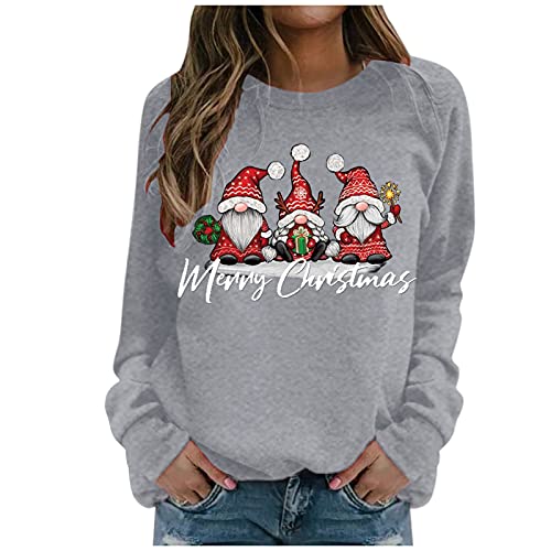 SHINEHUA Weihnachtspullover Damen Sweatshirt Rundhals Langarm Weihnachten Pullover Casual Christmas Sweat Oberteile Merry Christmas Sweatshirt Weihnachtspulli Teenager Mädchen Pulli Tops (i-Grey, L) von SHINEHUA