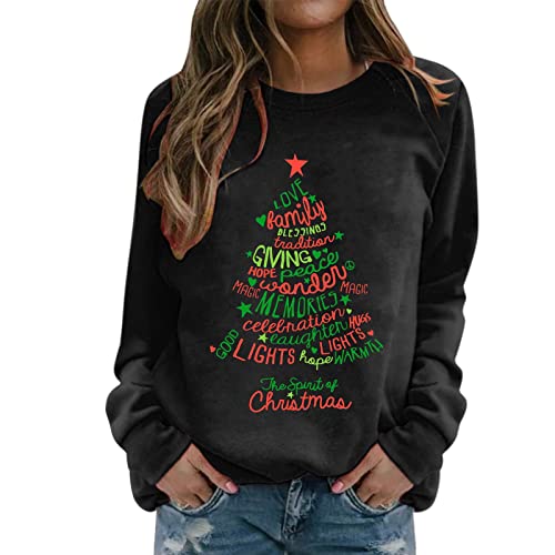 Weihnachtspullover Damen Sweatshirt Rundhals Langarm Weihnachten Pullover Casual Christmas Sweat Oberteile Merry Christmas Sweatshirt Weihnachtspulli Teenager Mädchen Pulli Tops (B-schwarz, XL) von SHINEHUA