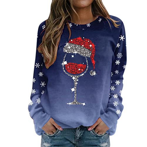 Weihnachtspullover Damen Sweatshirt Rundhals Langarm Weihnachten Pullover Casual Christmas Sweat Oberteile Merry Christmas Sweatshirt Weihnachtspulli Teenager Mädchen Pulli Tops (W1-Blue, XL) von SHINEHUA