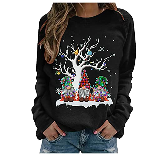 Weihnachtspullover Damen Sweatshirt Rundhals Langarm Weihnachten Pullover Casual Christmas Sweat Oberteile Merry Christmas Sweatshirt Weihnachtspulli Teenager Mädchen Pulli Tops (W2-Black, M) von SHINEHUA