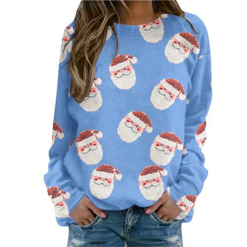 Weihnachtspullover Damen Sweatshirt Rundhals Langarm Weihnachten Pullover Casual Christmas Sweat Oberteile Merry Christmas Sweatshirt Weihnachtspulli Teenager Mädchen Pulli Tops (W3-Blue, XXL) von SHINEHUA