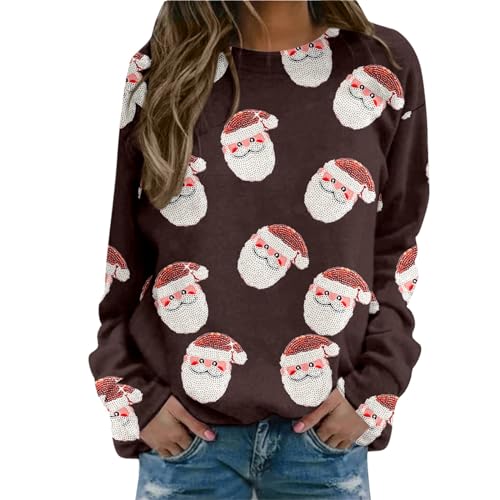 Weihnachtspullover Damen Sweatshirt Rundhals Langarm Weihnachten Pullover Casual Christmas Sweat Oberteile Merry Christmas Sweatshirt Weihnachtspulli Teenager Mädchen Pulli Tops (W3-Brown, XL) von SHINEHUA