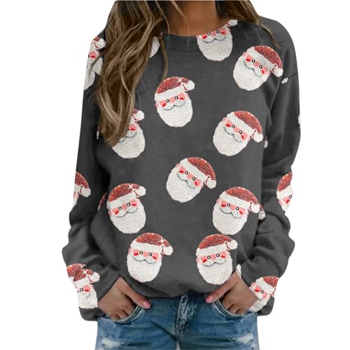 Weihnachtspullover Damen Sweatshirt Rundhals Langarm Weihnachten Pullover Casual Christmas Sweat Oberteile Merry Christmas Sweatshirt Weihnachtspulli Teenager Mädchen Pulli Tops (W3-Grey, XL) von SHINEHUA