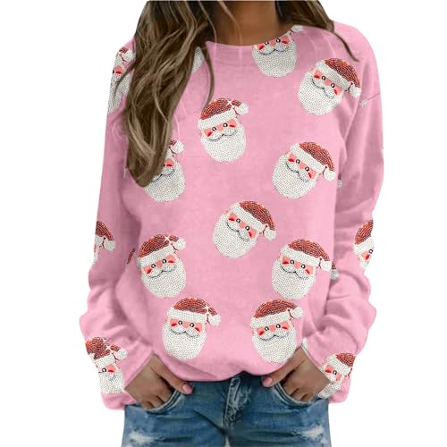 Weihnachtspullover Damen Sweatshirt Rundhals Langarm Weihnachten Pullover Casual Christmas Sweat Oberteile Merry Christmas Sweatshirt Weihnachtspulli Teenager Mädchen Pulli Tops (W3-Pink, M) von SHINEHUA