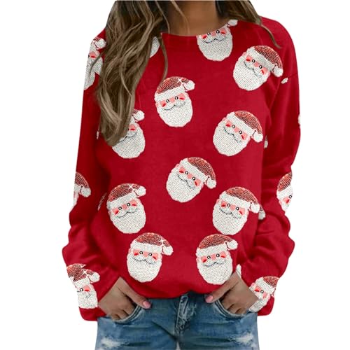 Weihnachtspullover Damen Sweatshirt Rundhals Langarm Weihnachten Pullover Casual Christmas Sweat Oberteile Merry Christmas Sweatshirt Weihnachtspulli Teenager Mädchen Pulli Tops (W3-Red, XL) von SHINEHUA