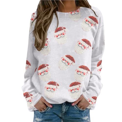 Weihnachtspullover Damen Sweatshirt Rundhals Langarm Weihnachten Pullover Casual Christmas Sweat Oberteile Merry Christmas Sweatshirt Weihnachtspulli Teenager Mädchen Pulli Tops (W3-White, M) von SHINEHUA
