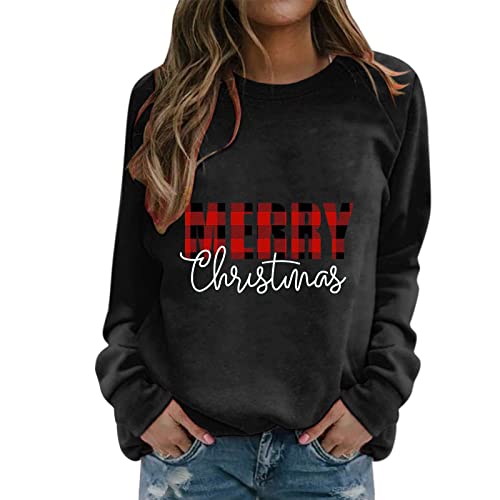 Weihnachtspullover Damen Sweatshirt Rundhals Langarm Weihnachten Pullover Casual Christmas Sweat Oberteile Merry Christmas Sweatshirt Weihnachtspulli Teenager Mädchen Pulli Tops (a-Black, XXL) von SHINEHUA