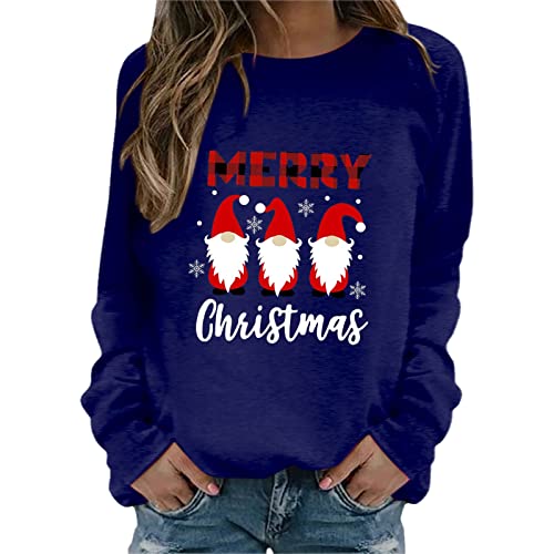 SHINEHUA Weihnachtspullover Damen Sweatshirt Rundhals Langarm Weihnachten Pullover Casual Christmas Sweat Oberteile Merry Christmas Sweatshirt Weihnachtspulli Teenager Mädchen Pulli Tops (c-Blue, L) von SHINEHUA