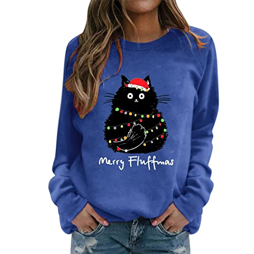 Weihnachtspullover Damen Sweatshirt Rundhals Langarm Weihnachten Pullover Casual Christmas Sweat Oberteile Merry Christmas Sweatshirt Weihnachtspulli Teenager Mädchen Pulli Tops (d-Blue, L) von SHINEHUA