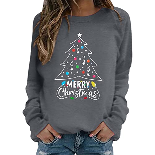 Weihnachtspullover Damen Sweatshirt Rundhals Langarm Weihnachten Pullover Casual Christmas Sweat Oberteile Merry Christmas Sweatshirt Weihnachtspulli Teenager Mädchen Pulli Tops (h-Grey, S) von SHINEHUA