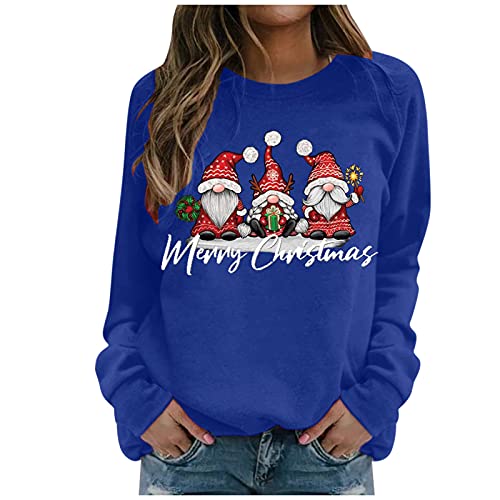 Weihnachtspullover Damen Sweatshirt Rundhals Langarm Weihnachten Pullover Casual Christmas Sweat Oberteile Merry Christmas Sweatshirt Weihnachtspulli Teenager Mädchen Pulli Tops (i-Blue, XL) von SHINEHUA