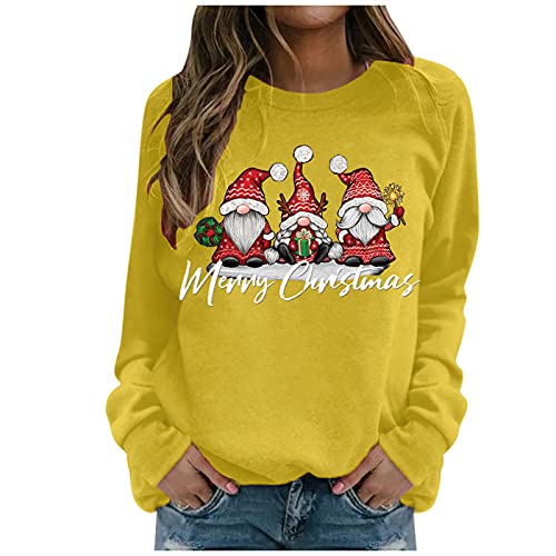 Weihnachtspullover Damen Sweatshirt Rundhals Langarm Weihnachten Pullover Casual Christmas Sweat Oberteile Merry Christmas Sweatshirt Weihnachtspulli Teenager Mädchen Pulli Tops (i-Yellow, XL) von SHINEHUA