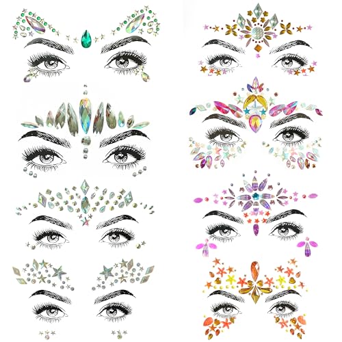 SHINEYES 8 Pcs Gesicht Körper Augen Temporäre Tattoos Gesicht Juwelen Aufkleber Glitter, Hergestellt aus Edelsteinen Rhinstone Kristalle für Rave Karneval Maskerade Musik Geburtstagsfeier Festival von SHINEYES