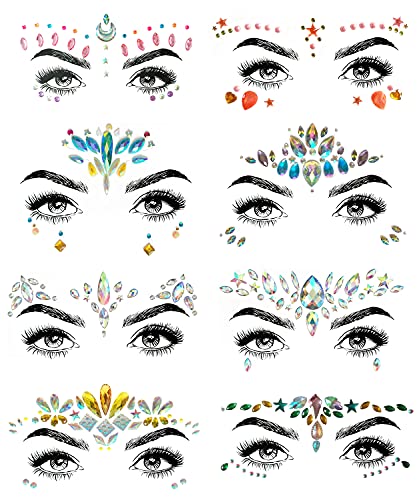 SHINEYES 8 Pcs Gesicht Körper Augen Temporäre Tattoos Gesicht Juwelen Aufkleber Glitter, Hergestellt aus Edelsteinen Rhinstone Kristalle für Rave Karneval Maskerade Musik Geburtstagsfeier Festival von SHINEYES