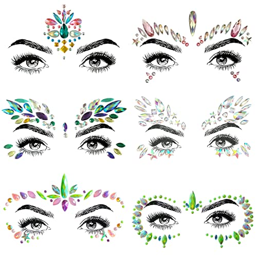 SHINEYES 6 Pcs Gesicht Körper Augen Temporäre Tattoos Gesicht Juwelen Aufkleber Glitter, Hergestellt aus Edelsteinen Rhinstone Kristalle für Rave Karneval Maskerade Musik Geburtstagsfeier Festival von SHINEYES