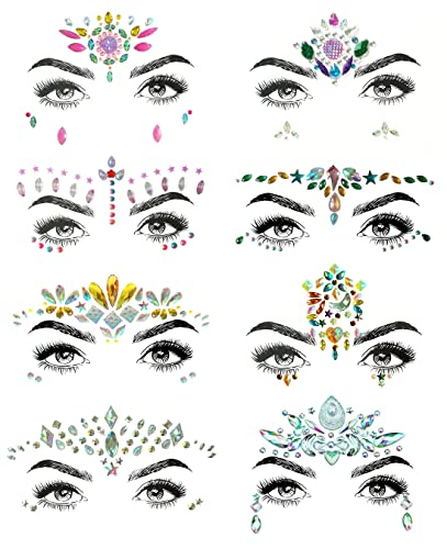 SHINEYES 8 Pcs Gesicht Körper Augen Temporäre Tattoos Gesicht Juwelen Aufkleber Glitter, Hergestellt aus Edelsteinen Rhinstone Kristalle für Rave Karneval Maskerade Musik Geburtstagsfeier Festival von SHINEYES