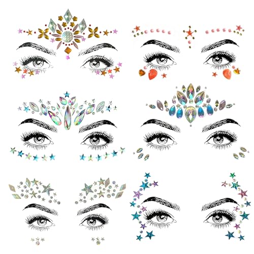 SHINEYES 6 Pcs Gesicht Körper Augen Temporäre Tattoos Gesicht Juwelen Aufkleber Glitter, Hergestellt aus Edelsteinen Rhinstone Kristalle für Rave Karneval Maskerade Musik Geburtstagsfeier Festival von SHINEYES