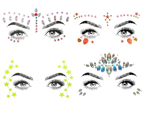SHINEYES Gesicht Körper Temporäre Tattoos Gesicht Juwelen Aufkleber Glitter, aus Edelsteinen Rhinstone Kristalle für Rave Karneval Musik Geburtstag Party Festival (4 Pcs No.05, 4 Pcs) von SHINEYES