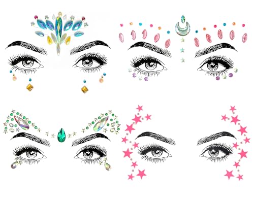 SHINEYES Gesicht Körper Temporäre Tattoos Gesicht Juwelen Aufkleber Glitter, aus Edelsteinen Rhinstone Kristalle für Rave Karneval Musik Geburtstag Party Festival (4 Pcs No.06, 4 Pcs) von SHINEYES