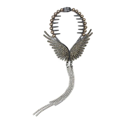 Anti-Schlupf-Pferdeschwanzkrallen Dame mit Strassstein Kunstperlen Quasten Dekor Edelstahl Haarclip für Frauen Engel Wings Design Braut Braut Schwarz von SHINROAD