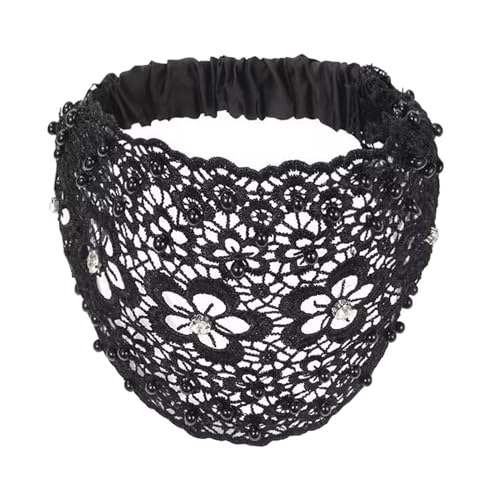 Atmungsaktives Stirnband Stoff Damen Hohl Blumenmuster Glänzend Strass Kunstperlen Haarband Hochelastisch Breit Schwarz von SHINROAD