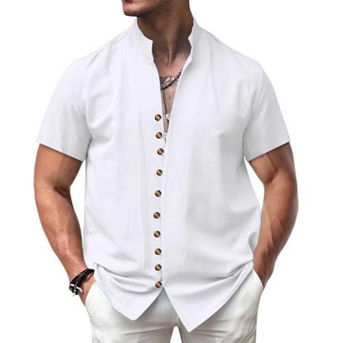 Casual Kurzärmel-Shirt Männer Leinen Herren Kurzarm Button-Down Retro Ständer Kragen Feste Farbe Leicht atmungsaktiv für tägliche Kleidung Weiß XXXL von SHINROAD
