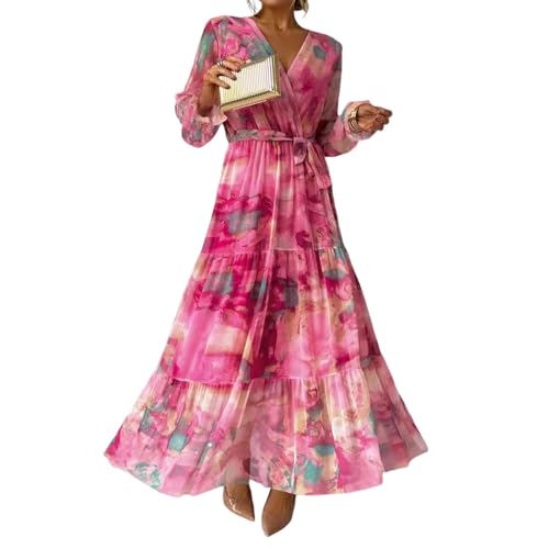 Chiffon-Kleid mit V-Ausschnitt für Damen, großer Saum, Chiffon-Maxikleid mit V-Ausschnitt, Bohemian-Stil, bunter Druck, Laternenärmel, rosarot, M Chiffon-Kleid mit V-Ausschnitt für Damen, großer Saum, Chiffon-Maxikleid mit V-Ausschnitt, Bohemian-Stil, bunter Druck, Laternenärmel, rosarot, M von SHINROAD