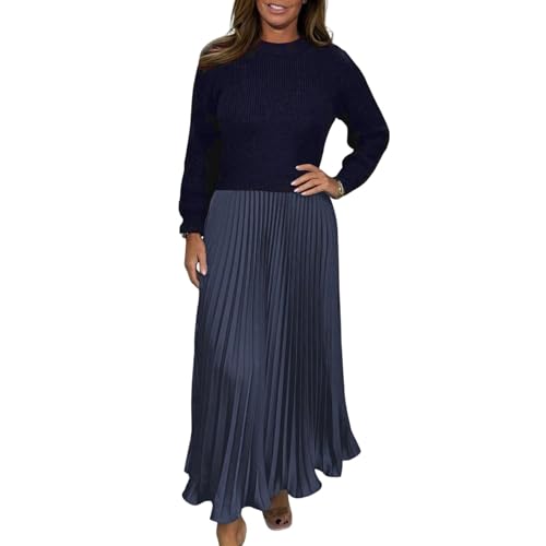 Frauen Patchwork Kleid Maxi Herbst Winter Gefälschte Zwei-stück Gestrickte Pullover Falten Rock Langarm Rundhals Blau L Frauen Patchwork Kleid Maxi Herbst Winter Gefälschte Zwei-stück Gestrickte Pullover Falten Rock Langarm Rundhals Blau L von SHINROAD