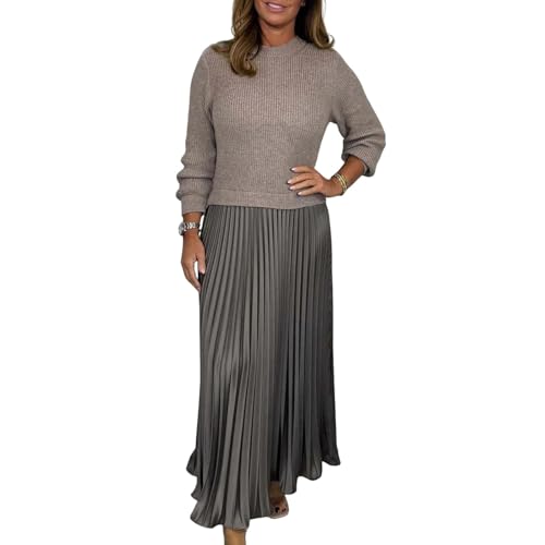 Frauen Patchwork Kleid Maxi Herbst Winter Gefälschte Zwei-stück Gestrickte Pullover Falten Rock Langarm Rundhals Khaki L von SHINROAD