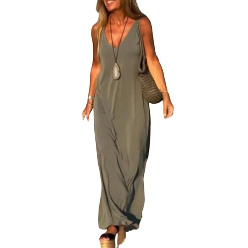 Frauen Polyester Kleid Kleid losen A-Linie Frauen Sommer Ärmel und Cami Casual Cason V-Ausschnitt Split Maxi Beach Sunddress entspannte Fakultät Outfit Flohy Bohemian Armeegrün L von SHINROAD