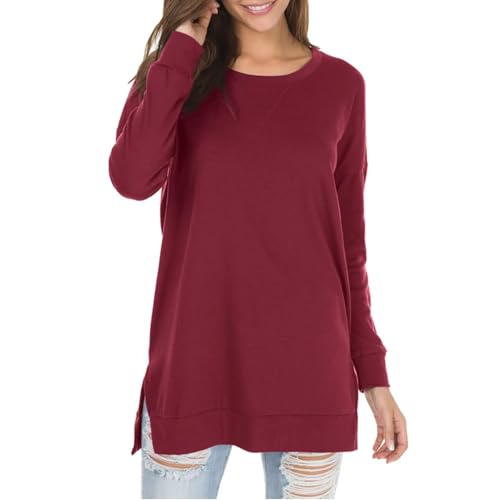 Frauen Tops Frauen runder Nacken Langarm Pullover Top Elastic Lose Fit T -Shirt mit Seitenhemd mit aufgeteilten Saum atmungsaktive lässige Bluse für tägliche Verschleiß Weinrot M von SHINROAD