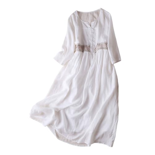 Frauen kleiden gestickelt, faszinierende Frauen lässig locker geschnitten Midi mit stickem Neunten Ärmel runden Hals Leichte A-Linie für den Frühlingssommer Weiß Xl von SHINROAD