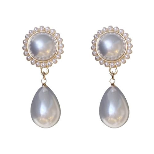 Goldene Damen-Ohrringe, Palast-Stil, Retro-Kunstperlen, Wassertropfenform, baumelndes Ohrclip-Design, Modeschmuck, Metalllegierung, Sekundärer Stein von SHINROAD