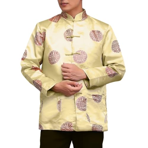 Herren Retro Tang Anzug Top Chinesischen Stil Stehkragen Hemd mit Drachen Muster Traditionelle Neujahr Charakter, gelb, XL von SHINROAD