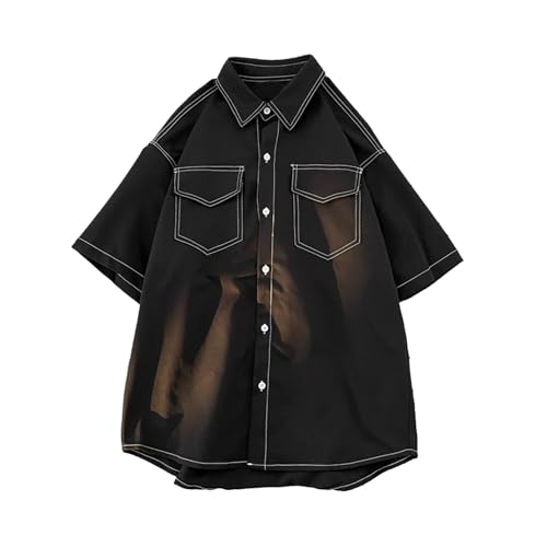 Junges Herrenhemd, leicht, Herbst, Frühling, lockere Passform, japanischer Stil, einreihiges Revers, halbe Ärmel, Knöpfe, weich, atmungsaktiv, mittellang, Streetwear, Schwarz , XXL Junges Herrenhemd, leicht, Herbst, Frühling, lockere Passform, japanischer Stil, einreihiges Revers, halbe Ärmel, Knöpfe, weich, atmungsaktiv, mittellang, Streetwear, Schwarz , XXL von SHINROAD